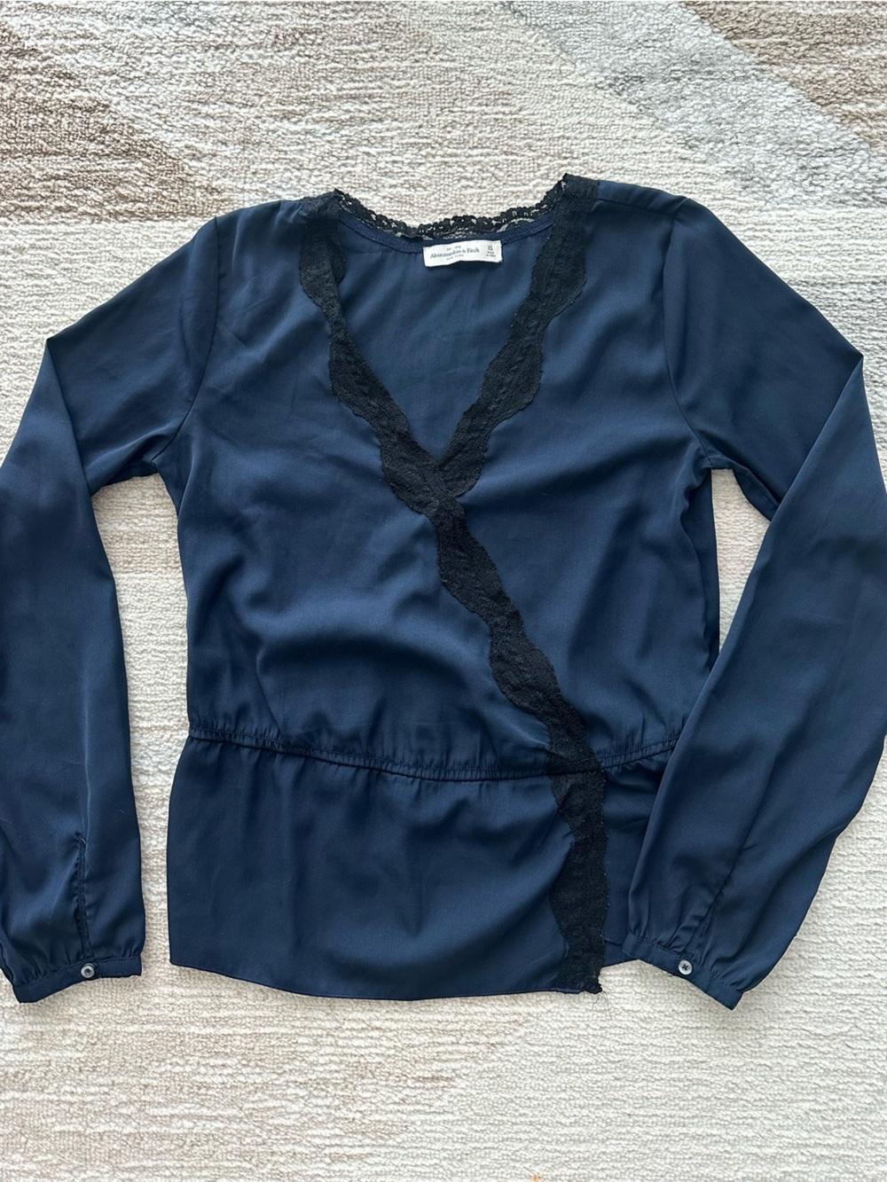 Abercrombie & Fitch Navy Satin Long-Sleeve Blouse with Black Lace Size XS